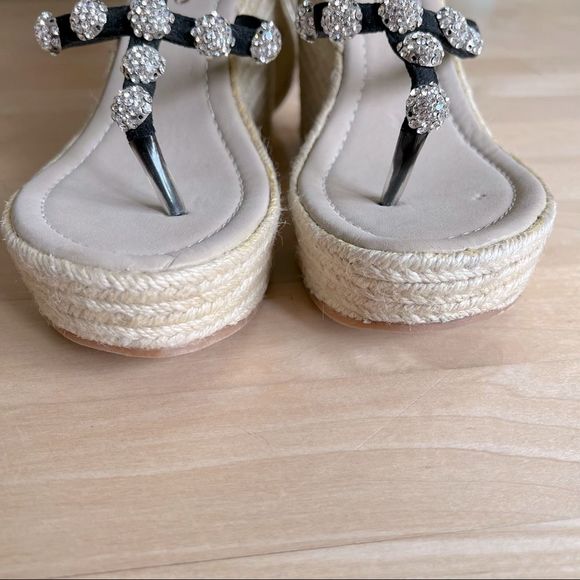 NEW Skemo Black Suede Jute Wedge Sandals With Crystal Embellishments - Picture 9 of 12
